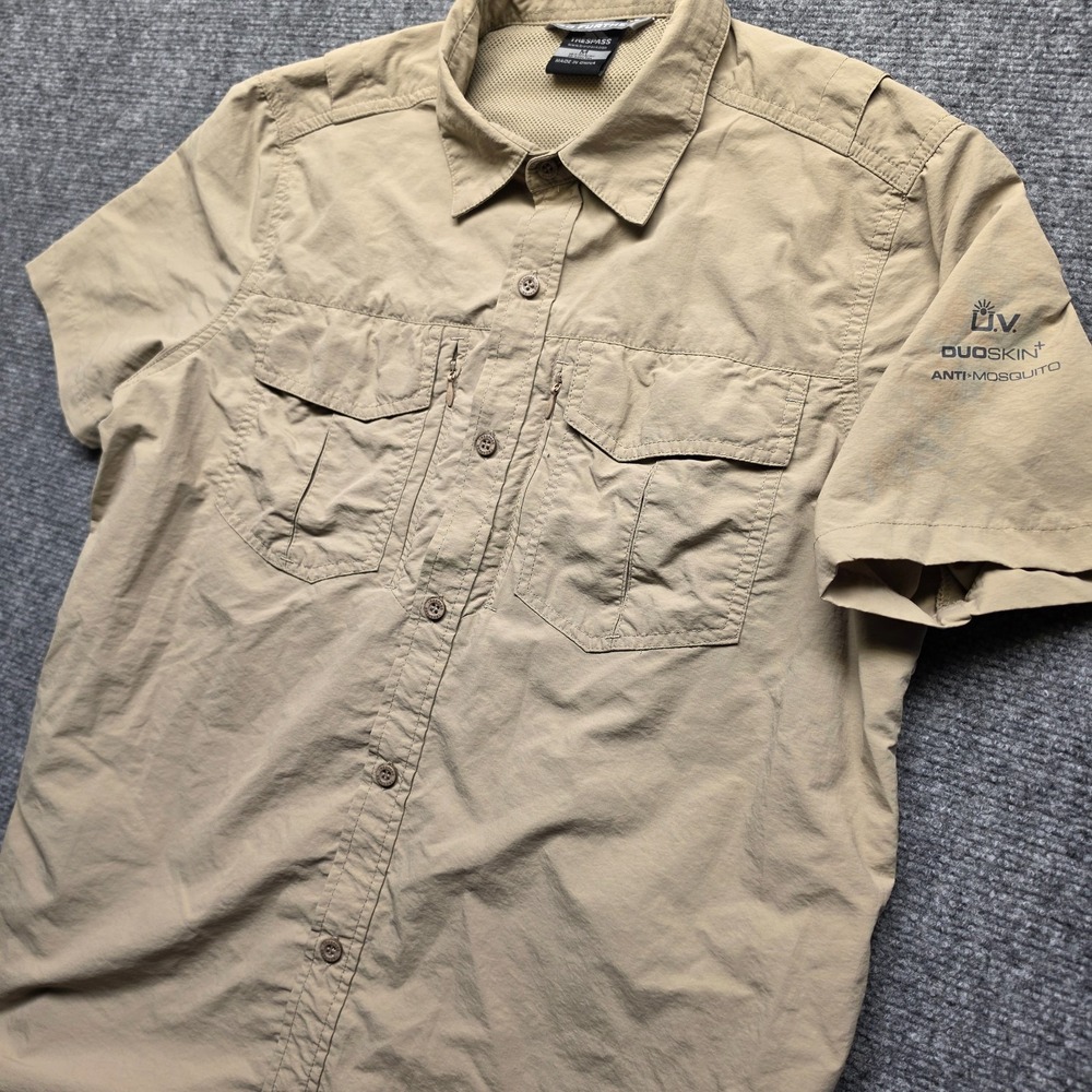 Trespass Mens Hiking Shirt Medium Tan Short Sleeve UV Anti Mosquito Cargo Safari